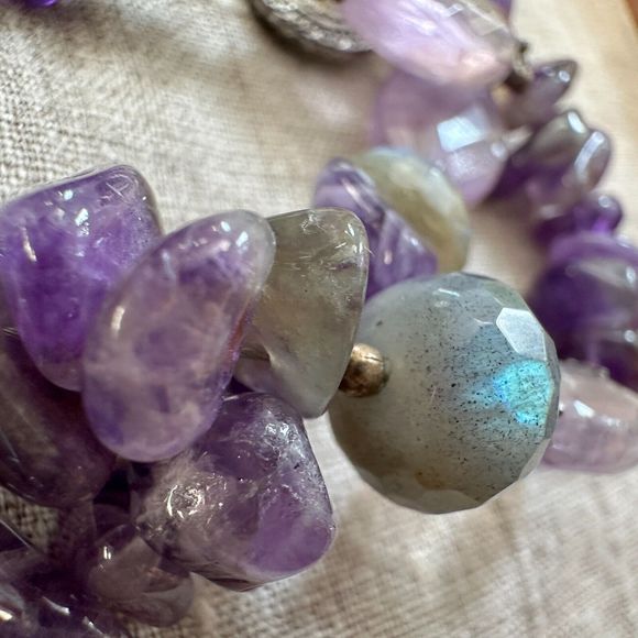 Amethyst Labradorite Beaded Sterling Silver Necklace 19" Toggle Clasp Purple VTG - Picture 14 of 16